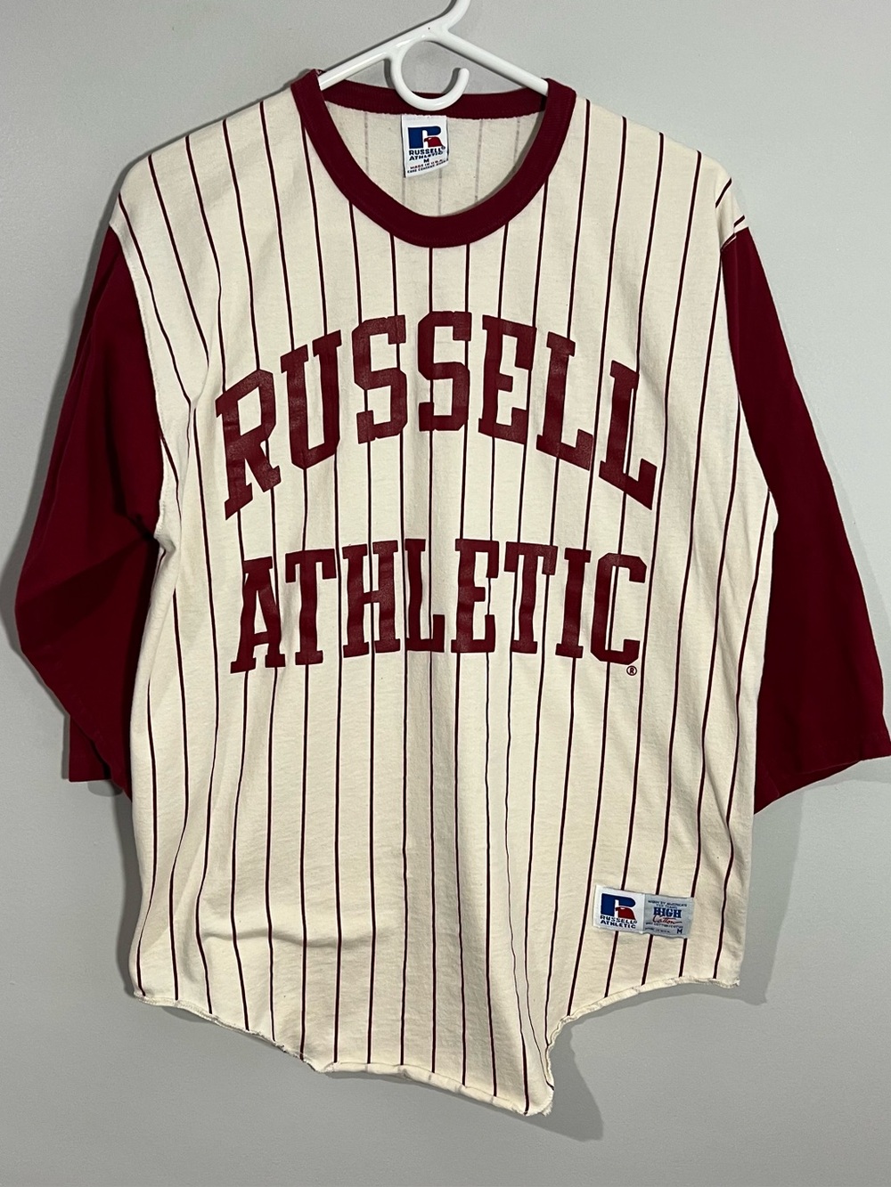 Vintage Russell Athletic White Red Pinstripe 3/4 Sleeve T-Shirt Mens Medium